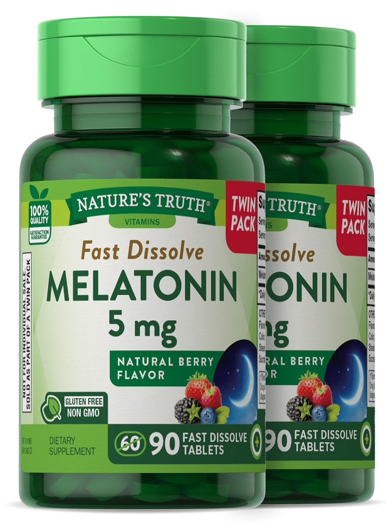 Nature's Truth Melatonin 5 mg | 180 Hızlı Dissolve Tabletler (2 x 90 Twin Pack) | Natural Berry Flavor | Vegetarian, Non-GMO, Gluten Free Supplement Supplement