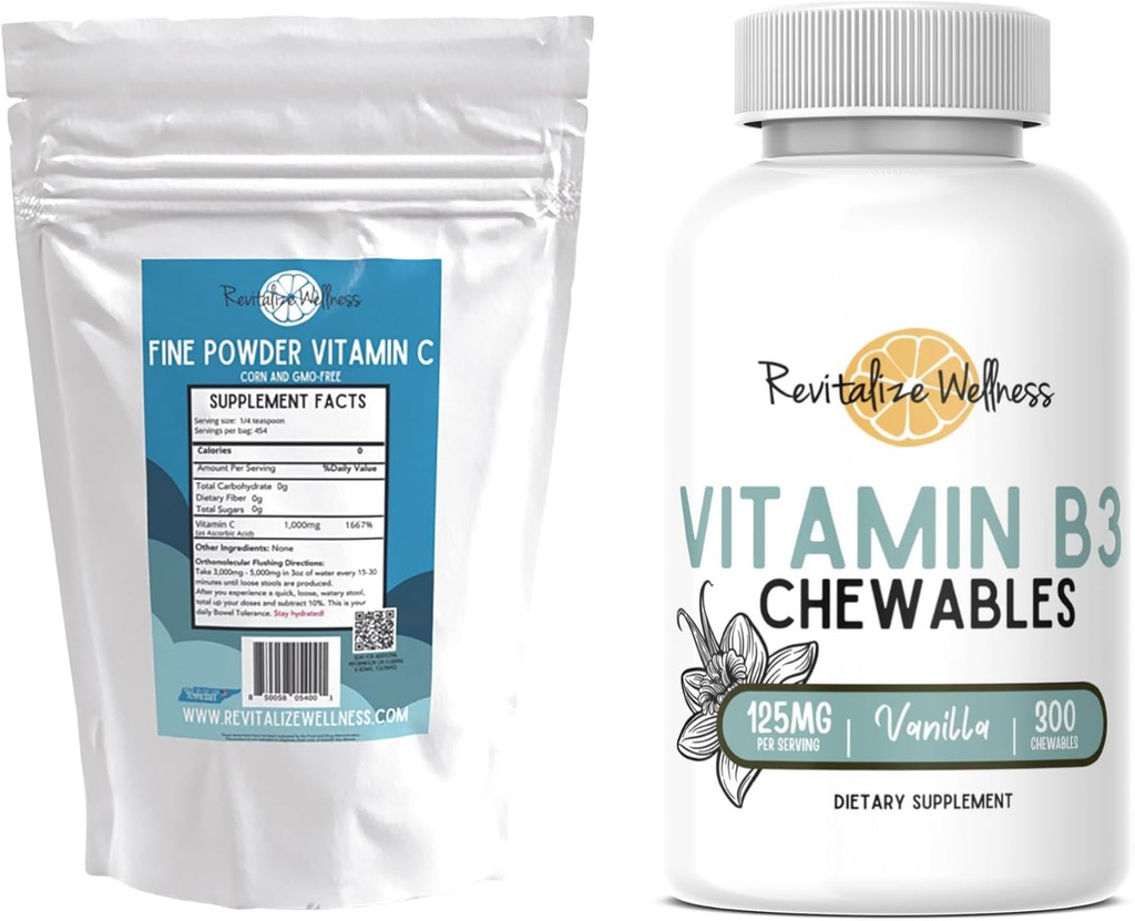 Grafik | Güzel Toz Vitamin C, 454 Hizmet ve Vitamin B3 Chewables (Vanilla) 300 Hizmet