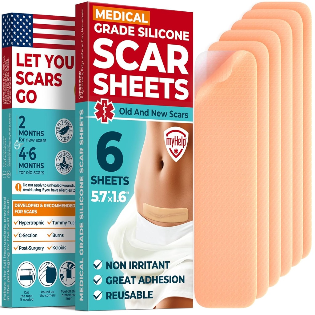 Tıbbi Grade Silikon Scar Sheets - 6pk (5.7)"x1.6" - Cerrahi ve Keloid Marks - Reusable C-Section Scar Silikon Grafikleri - Strips Kullanımı Kolay