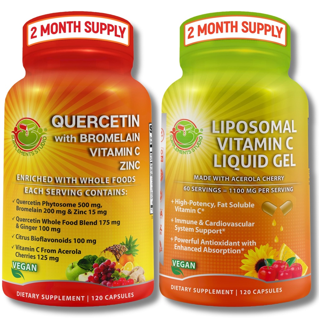 Immune Support Sche - Quercetin with Bromelain, Vitamin C & çinko + Liposomal Vitamin C 1100 mg - Organik Tüm Yiyecek ve Makola Cherry - Antioksi, Respiratory & Cardiovascular Support
