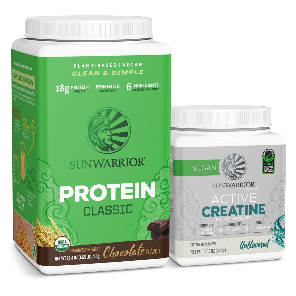 Sunwarrior Brown Rice Protein Toz Plant-Based | Chocolate 30 Kres & Kretine Monohidrat Toz | Micronized Unflavored, 60 Servisler