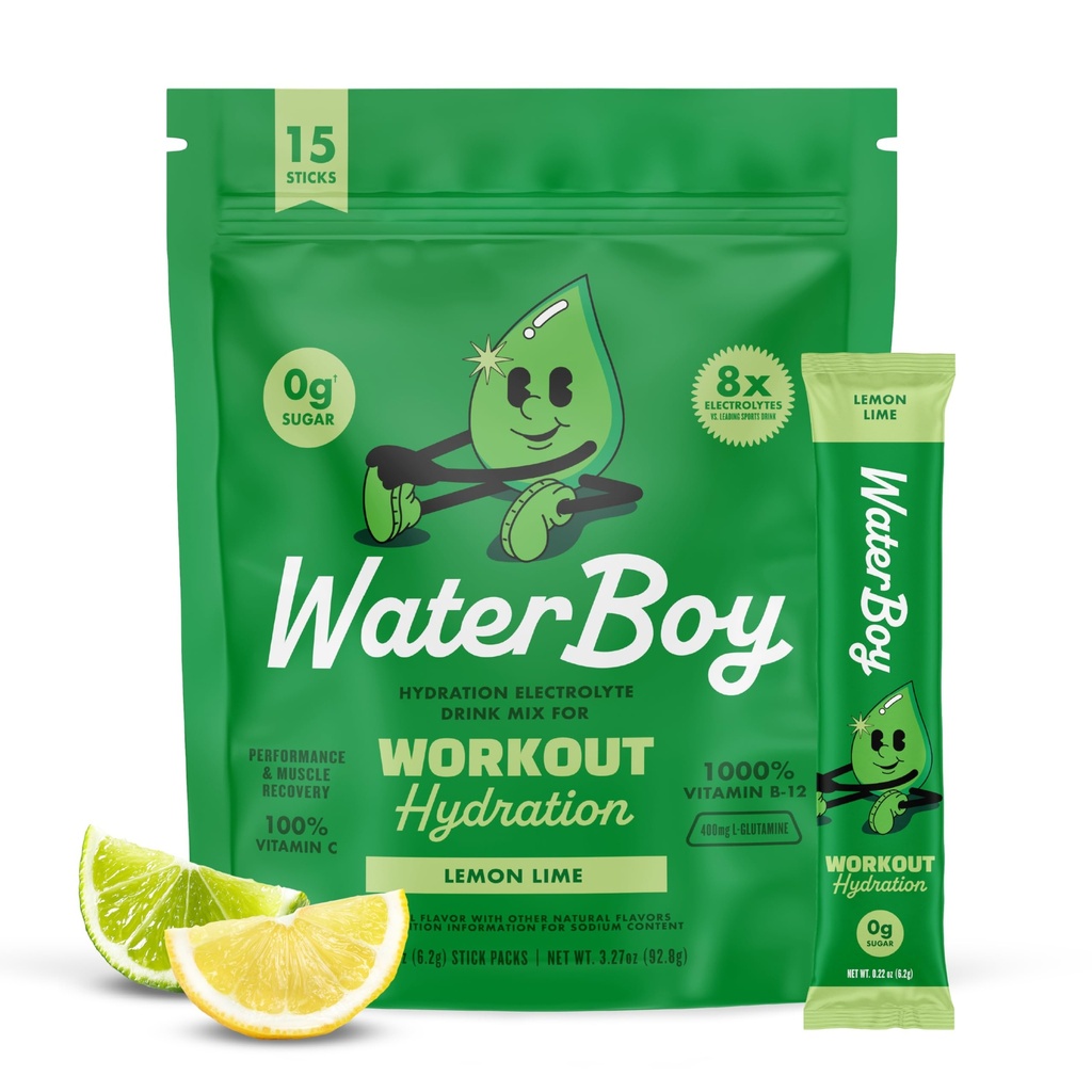 Waterboy Workout Hydration | 2,960mg Sugar Free Electrolyte Toz Paketleri | L-Glutamine + Vitaminler | No Sugar, All Natural, Gluten Free | 15 Iklim Mixes (Lemon Lime)
