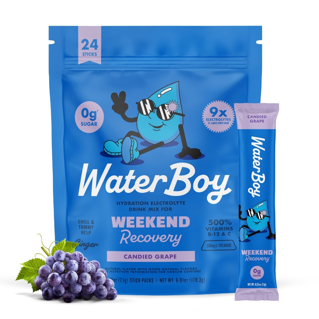 Waterboy Weekend Recovery | 3,187 mg Electrolyte Toz Paketleri | Ginger + L-Theanine + Vitaminler | No Sugar, All Natural, Gluten Free | 24 Iklim Mixes (Grape)
