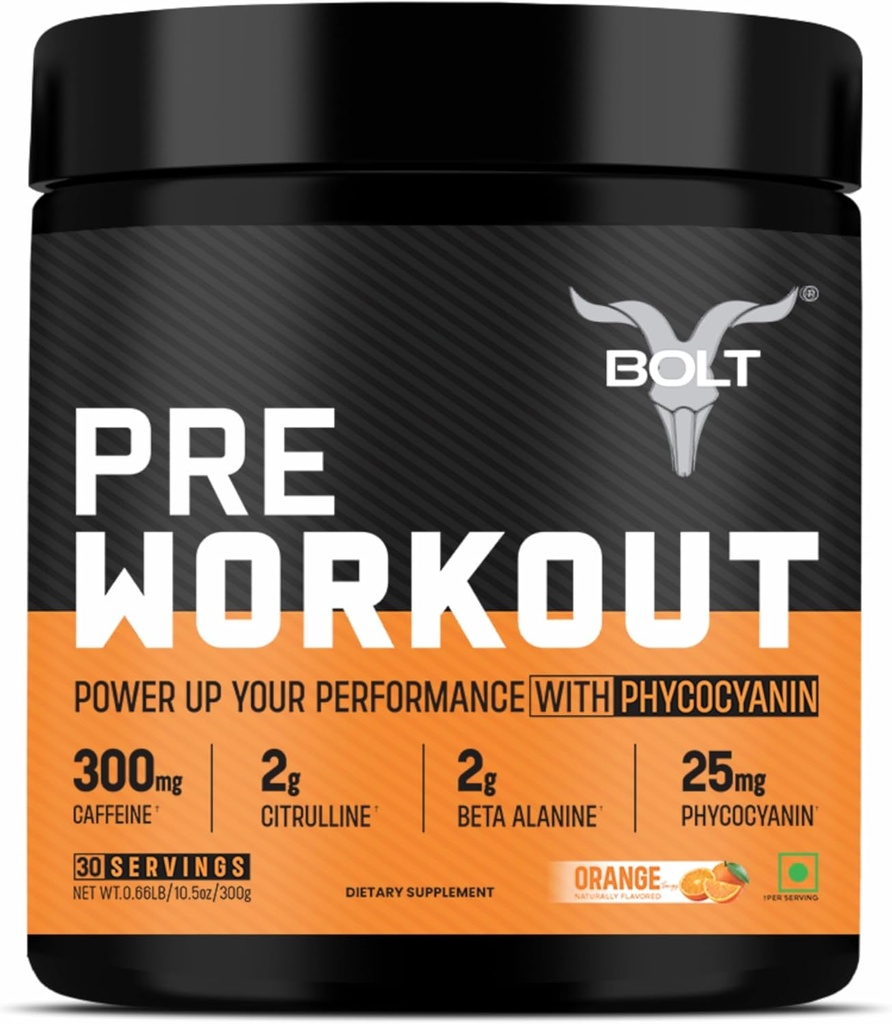 Bolt Pre Workout Supplement with Caffeine, Citrulline Malate, B-Alanine, Taurine | Explosive Energy, Pump & Focus |300g,30 Hizmetler | Tangy Orange