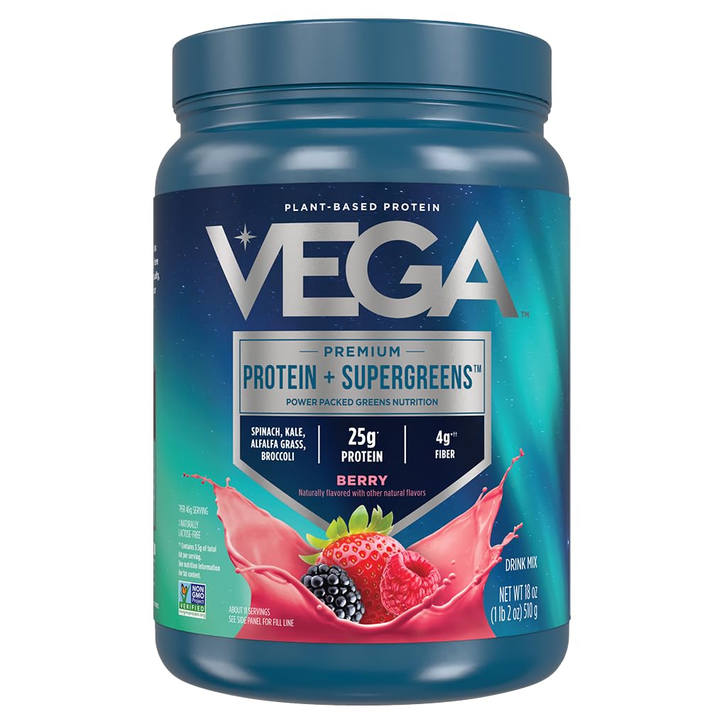 Vega Protein ve Yeşiller Protein Toz Karma Berry (11 Hizmetler) 25g Plant Temel Protein Plus Veggies, Vegan, Non-GMO, Pea Protein for Women and Men, 1.2lbs