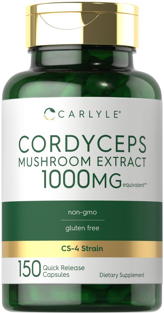 Carlyle Cordyceps Mushroom Capsules 1000 mg | 150 Kont | CS-4 Strain Mushroom Extract | Non-GMO ve Gluten Free