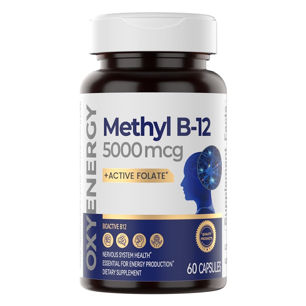 OxyEnergy Metil B12 500006, Ekstra Güçlü Metrik B-12 Supplements with Folate, Support Nerves, Energy Metabolism & Cognitive,60 Capsules