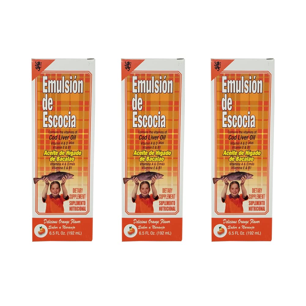 Emulsion de Escocia. Cod Liver Oil Dietary Supplement. Rich in Vitamins A, D, E and B1. Orange Flavored. 6.5 Fl.Oz / 192 mL. Pack of 3