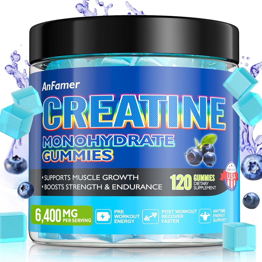 Erkekler ve Kadınlar için Kreatif Monohidrat Gummies, Kuvveti Arttırıyor ve Kas, Enerji ve Silah Kazanıyor, Preworkout Supplement, Sugar Free, Vegan, Chewables Blueberry Flavor-120
