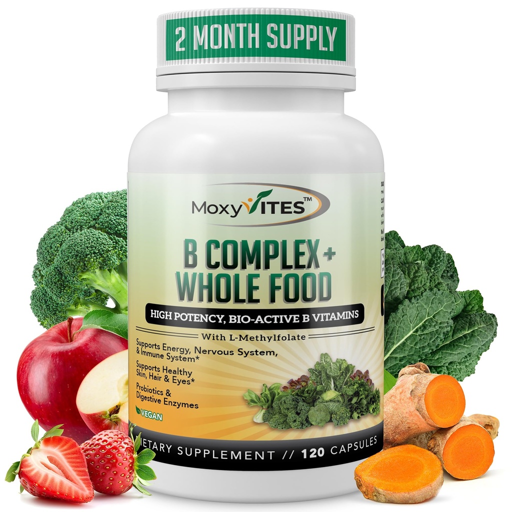 MoxyVites Vitamin B Kompleksi - B Vitamins Whole Food Supplement, B12 Mecobalamin, B1, B2, B3, B5, B6, B7, B9 - Stres, Enerji ve Immune Desteği için, Vegan, 120 Capsules