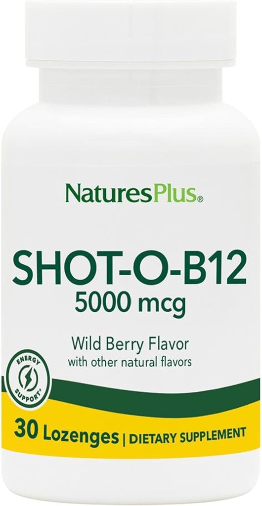 NaturesPlus Shot-O-B12-30 Lozenges, Wild Berry Flavor - 5000 mcg - Vegan, Gluten Free - 30 hizmet