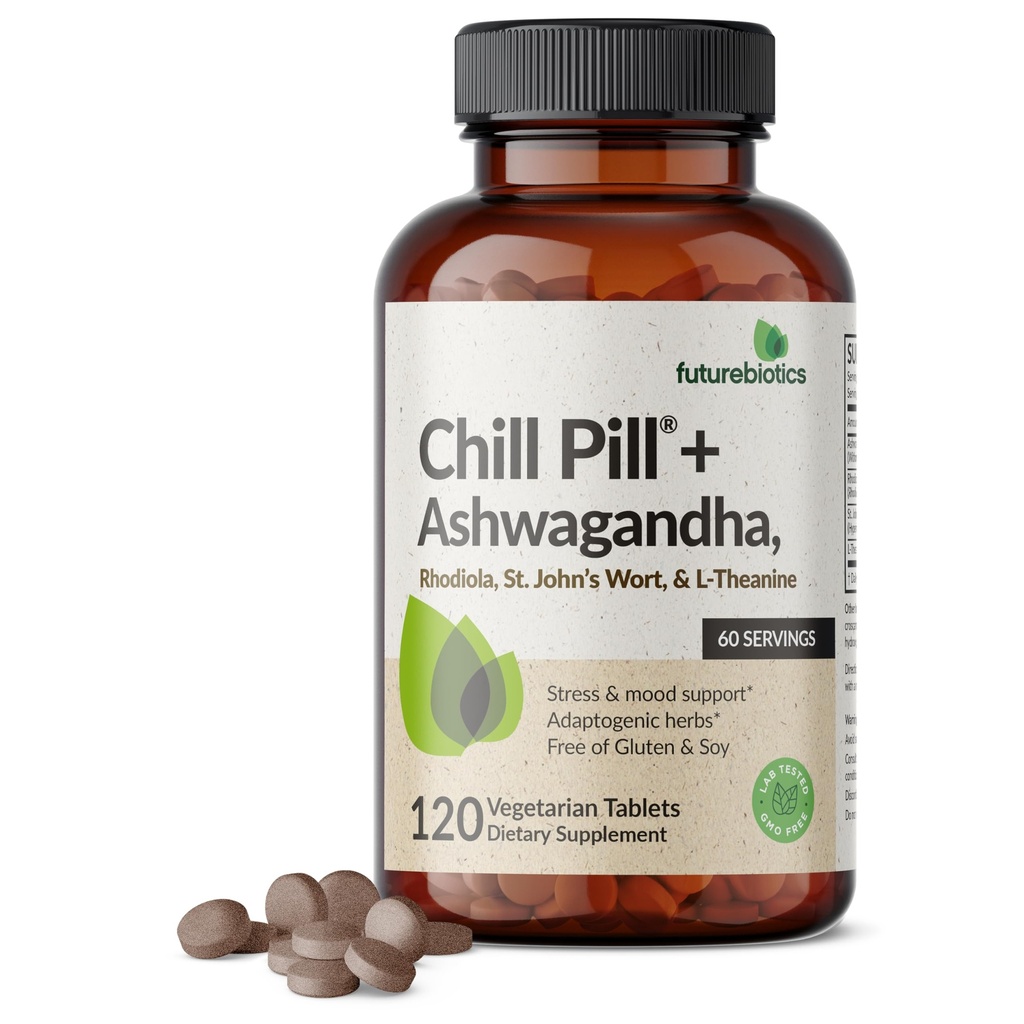 Futurebiyotiks Chill Pill + Ashwagandha, Rhodiola, St. John's Wort, & L-Theanine - Non-GMO, 120 Vegetarian Tabletler