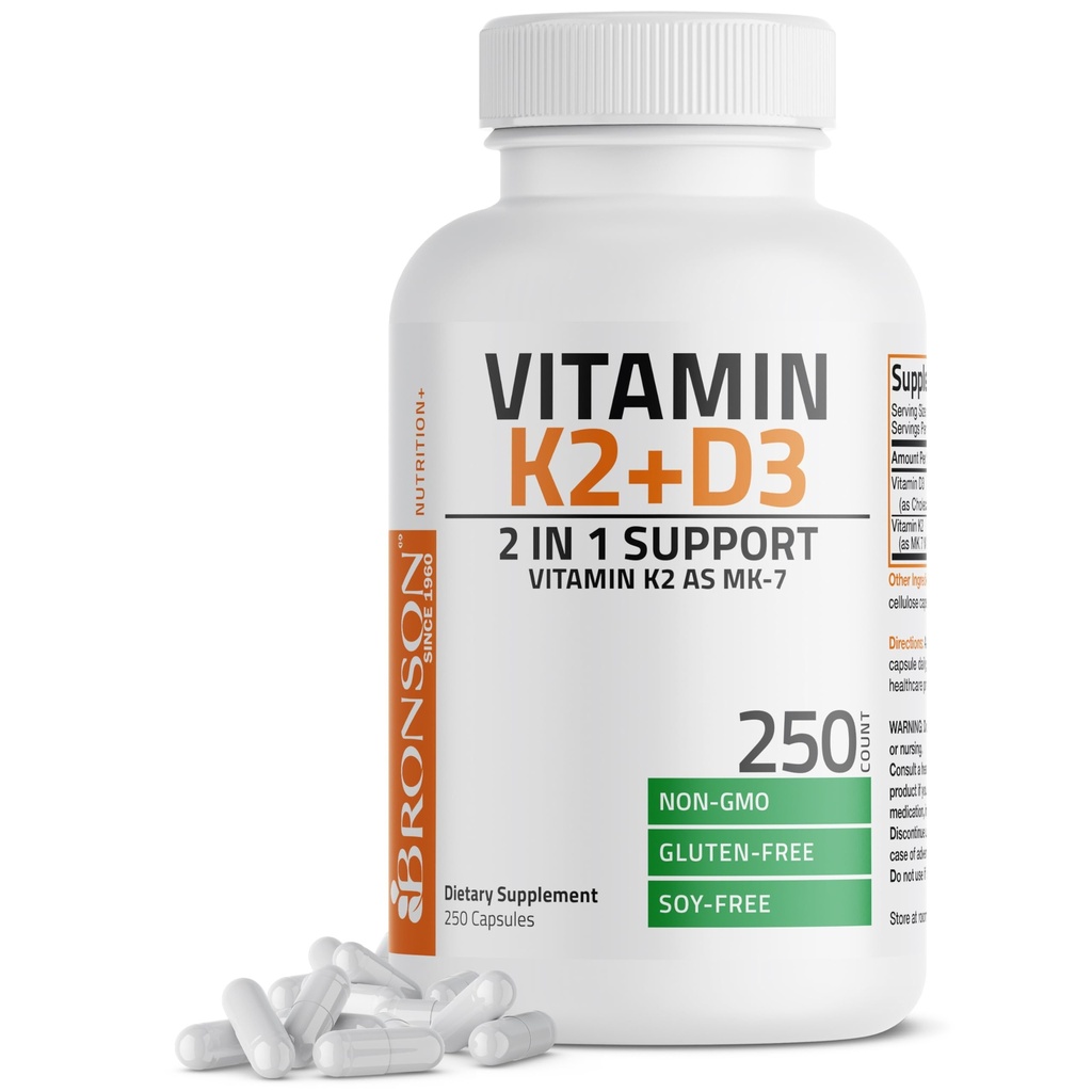 Bronson Vitamin K2 (MK7) D3 Supplement Non-GMO Formula 5000 IU Vitamin D3 & 90 mcg K2 MK-7 Swallow D & K Kompleks için kolay, 250 Capsules