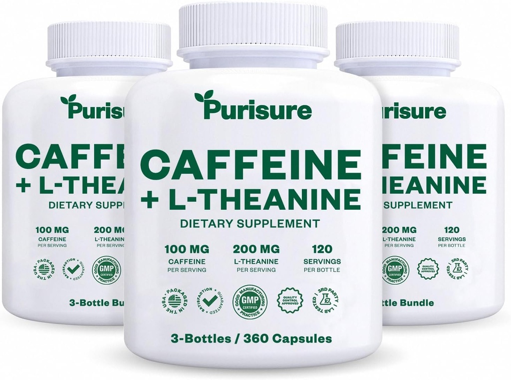 Purisure Caffeine Theanine Capsules Pills 100mg Caffeine + 200mg L Theanine for Pre Workout Energy, and Clarity Energy Pills for Fatigue, Nootropic Supplement, 120 Day Supply, Pack of 3