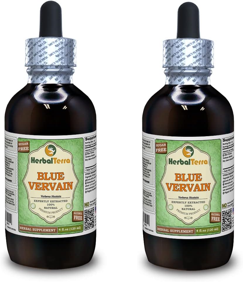 Blue Vervain (Verbena hastata) Glycerite, Organic Dried Above-Ground Parts Alcohol-Free Liquid Extract (Brand Name: HerbalTerra, Proudly Made in USA) 2x4 fl.oz (2x120 ml)