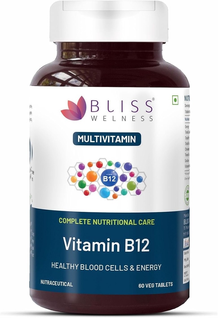 Vitamin B12 100% RDA, Cynocobalamine, Boost Energy Levels Healthy Nervous System Function Supplement for Men & Women - 60 Vegetarian Tablets