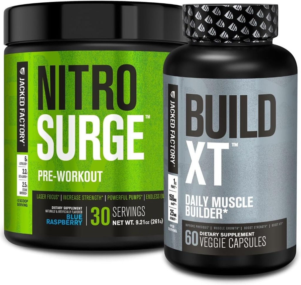 Jacked Factory Nitrosurge Pre-Workout in Blue Raspberry & Build XT Muscle Building Sche for Men & Women