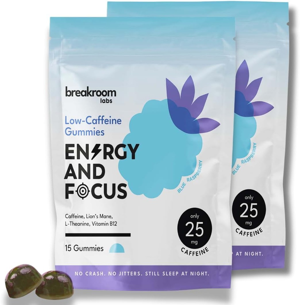 Breakroom Labs Energy and Focus Gummies – Low Caffeine 25mg w/L-Theanine, Lions Mane, Vitamin B12 – Nootropic Brain Supplement for Adults, Kids - Vegan, Low Sugar, Blue Raspberry Flavor, 30 Servings