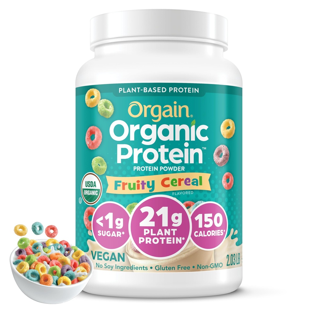Orgain Organic Vegan Protein Toz, Meyve Cereal - 21g Plant Temel Protein, 8g Prebiyotik Fiber, Low Net Carb, No Lactose Malzemeler, No Ek Olmayan Şeker, Non-GMO, For Shakes & Smoothies, 2.03 lb