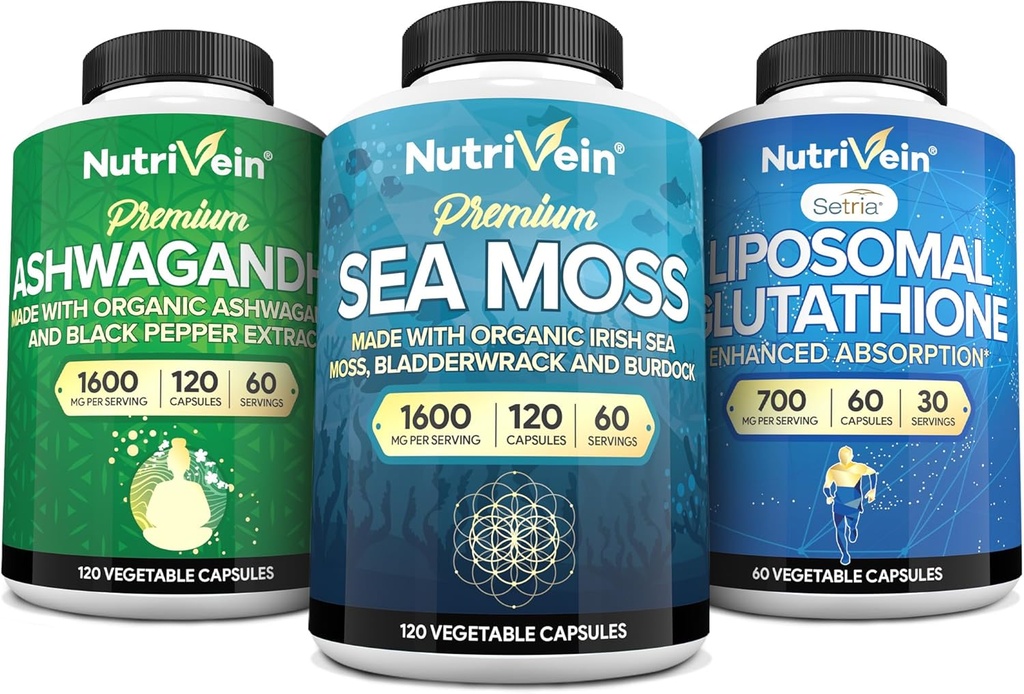 Nutrivein Premium İrlandalı Deniz Moss Capsules, Ashwagandha ve Liposomal Glutathione Supplement Sche: Sea Moss, Reduced Glutathione, & Ashwagandha Supplements for Immunity, Mood, Digestion, & Detox