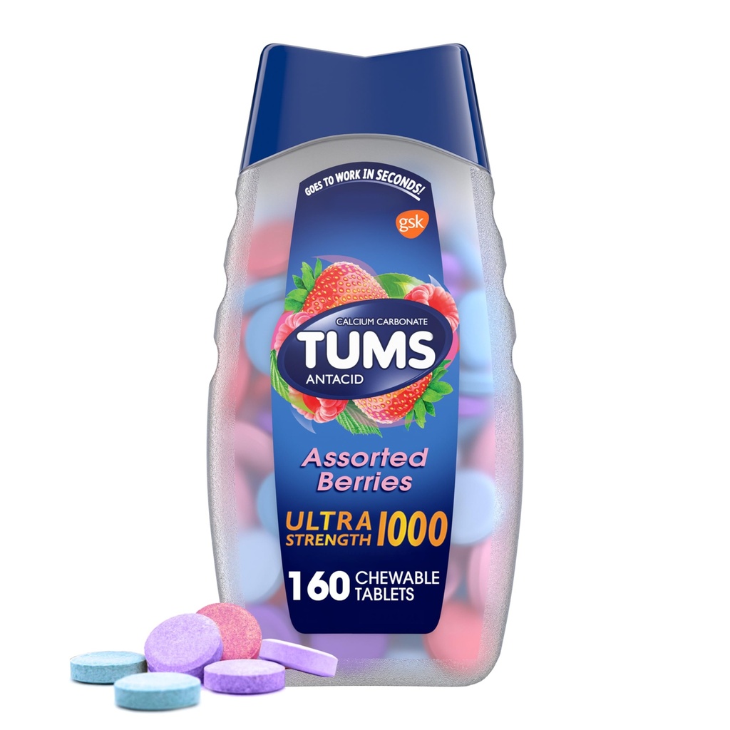 TUMS Ultra Strength Chewable Antacid Tabletleri Heartburn Relief ve Acid Indigestion Relief, Assorted Cave - 160 Kont