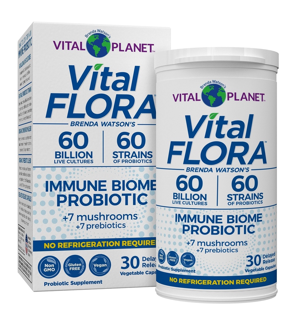 Vital Planet - Vital Flora Immune Support Probiyotik, 60 Milyar CFU, 60 Diverse Strains, 7 Organik Mushroom Supplement Meeting with Prebiyotiks, Raf Stable Digestive Health Probiyotiks 30 Capsules