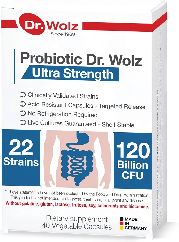 Kadınlar ve Erkekler için Alman Premium Günlük Probiyotikler, 120 Milyar CFU - 22 Strains, Vegan Probiyotik Capsules for Gut ve Digestive Health Support Supplement, Target Release Pill Formula 40 Cout