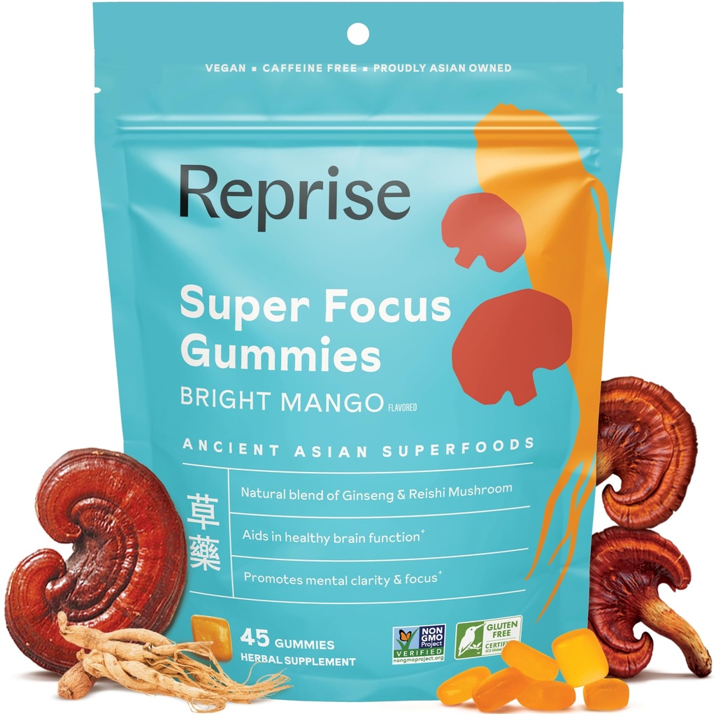 Yetişkinler için Odaklı Gummies | American & Korean Ginseng with Reishi Mushroom ekstras | All Natural Gummies for Focus, Mood, and Energy | Mango Flavored | 45 Count Count Count
