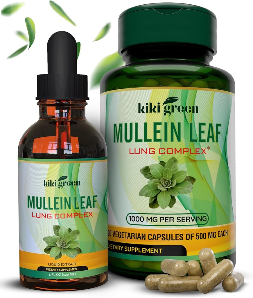 KIKI Green Mullein Capsules & Liquid Drops (1994) - Mullein Leaf Extract Supplements, 90 Capsules + 2 fl oz - Respiratory & Immunity Support, Better Lung Function, Lung Cleanse & Relief