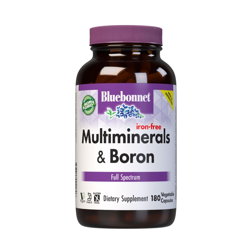 Bluebonnet Multi Minerals Supplement Plus Boron Chelated Magnezyum Pids Copper Selenium Manganese Chromium & çinko Kompleksi Kadınlar ve Erkekler için - Hayır Demir, Non-GMO, Gluten-Free - 180 Sebze Capsules