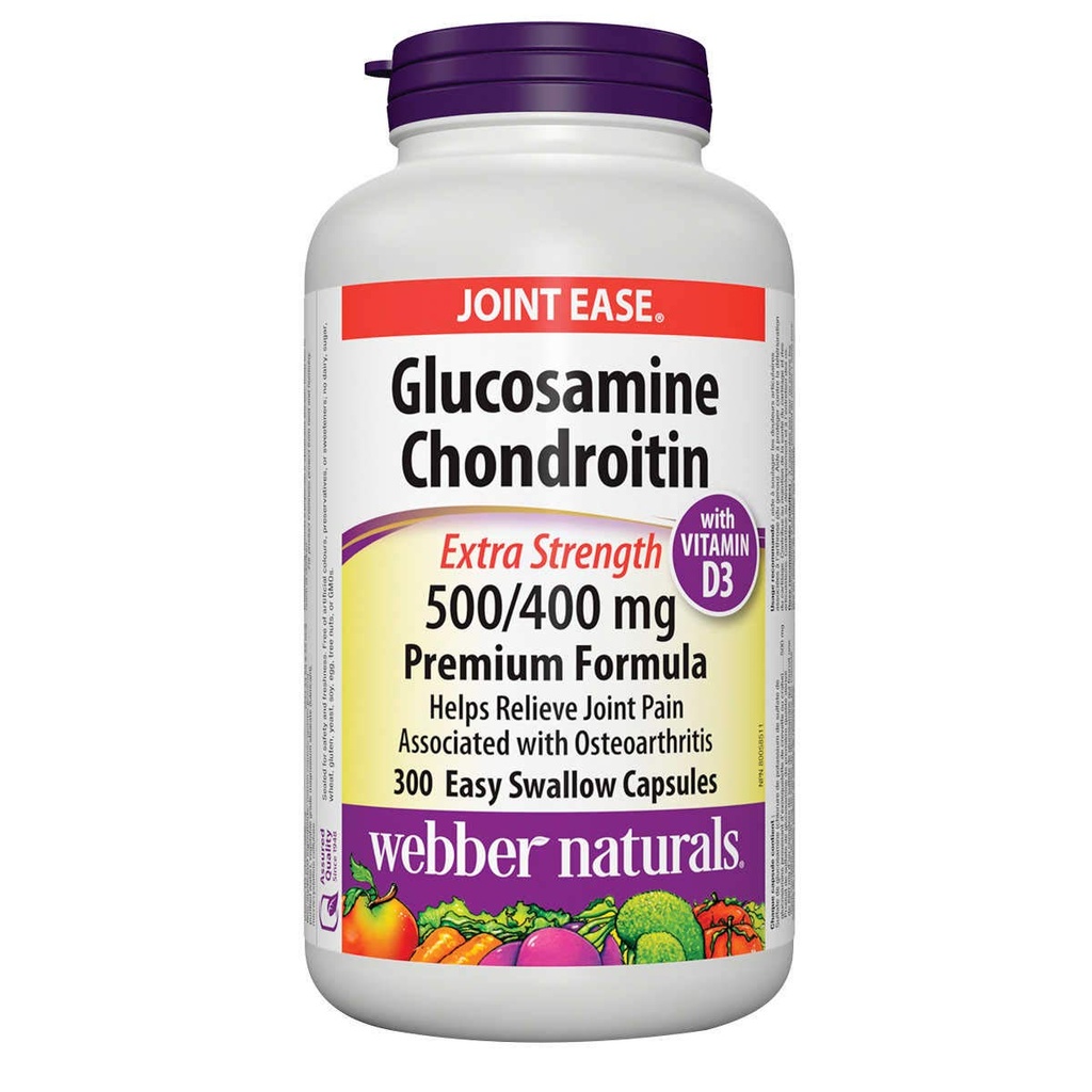 Webber Naturals Glucosamine Chondroitin D3, ekstra güç, 500/400 mg, Premium Formula, 300 Kolay yutma kapsülleri