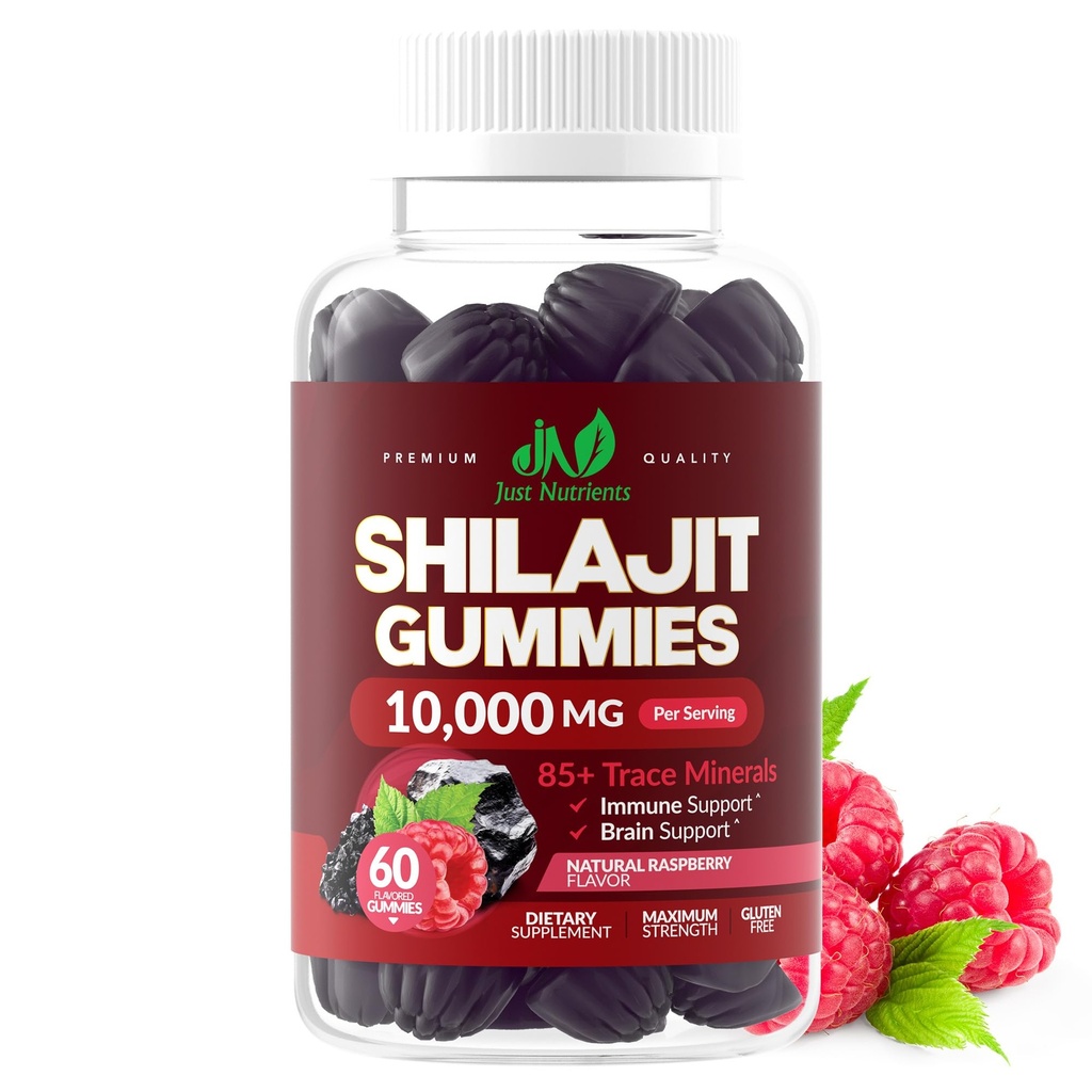 Shilajit Gummies 10.000 mg for Men & Women - maksimum Kuvvetli Saf Himalaya Shilajit, Gluten-Free, Non-GMO, 100% Vegetarian - Natural Raspberry Flavor - 60 Count