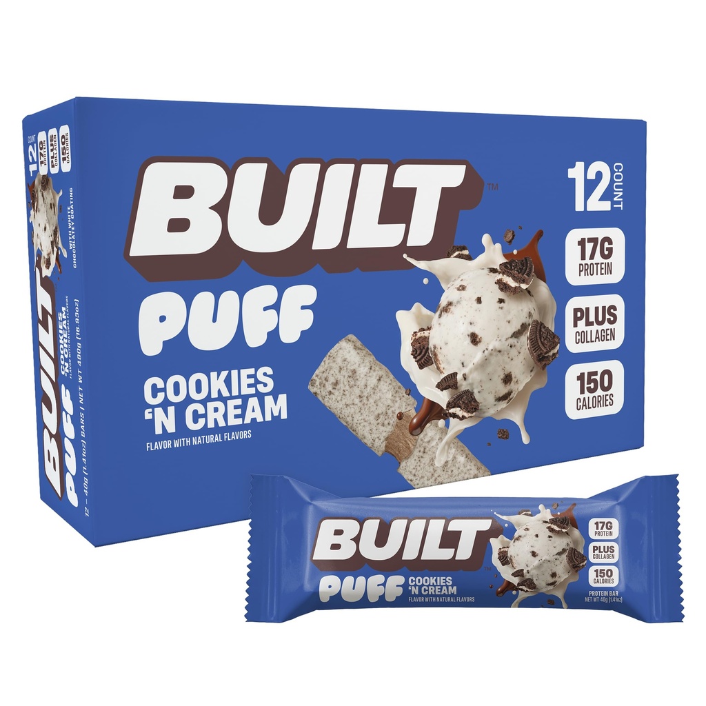 BUILT Bar Puff Protein Bars - Cookies 'N Cream - 17g Protein Snack Bars with Collagen - Calorie Conscious, No Gluten Free - 12 Count