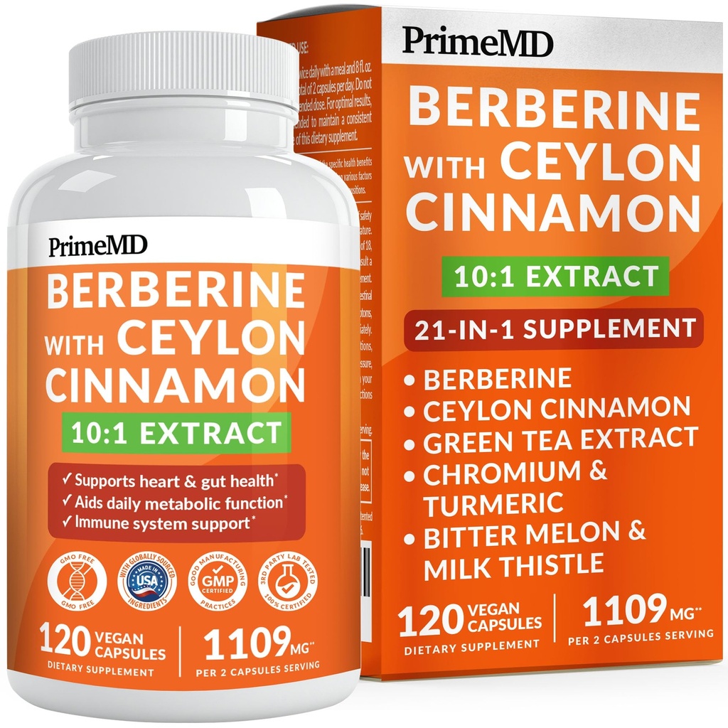 21-in-1 Berberine Supplement with Ceylon Cinnamon with Chromium, Bitter Melon ve Green Tea Ekstraksiyon ve Black Pepper 5X for Energy & Metabolism Support with 5279 mg (120 ct, Pack of 1)