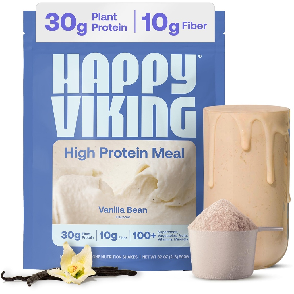 Happy Viking Plant-Based Protein Powder +100 Superfoods Vanilla Meal Replacement Shake, Created by Venus Williams, 30g Plant Protein, 10g Fiber, Vegan, Gluten-Free, Non-GMO, 15 Meals