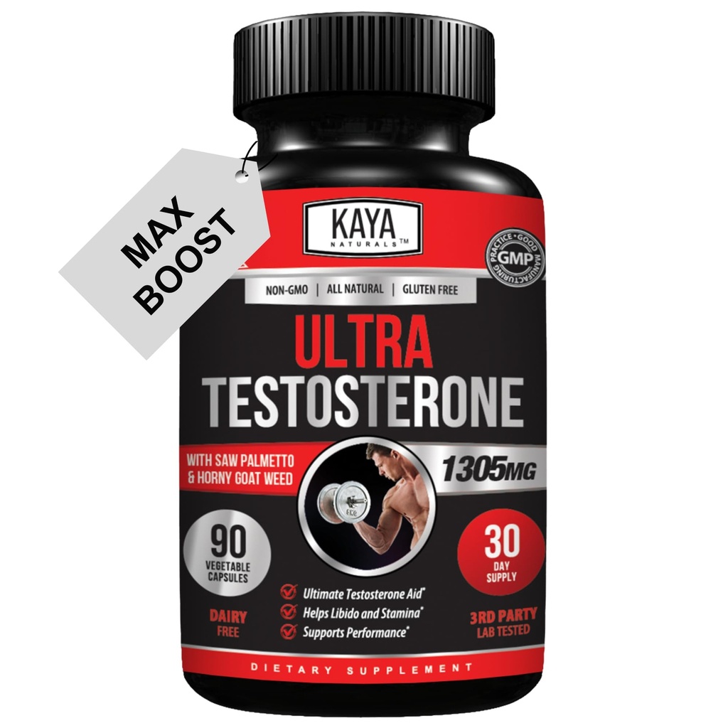 Kaya Naturals Ultra Testosterone - Men's Testosterone Booster with Tongkat Ali, Horny Goat Weed, Tribulus - Natural Workout Supplement for Energy, Stamina, and Strength Booster - 90 Count