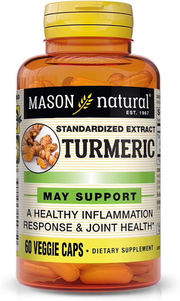 MASON NATURAL Turmeric 500 mg,% 95 Curcuminoids, Total Wellness & Ortak Destek için Tamam, 60 Plant-Based Veggie Capsules