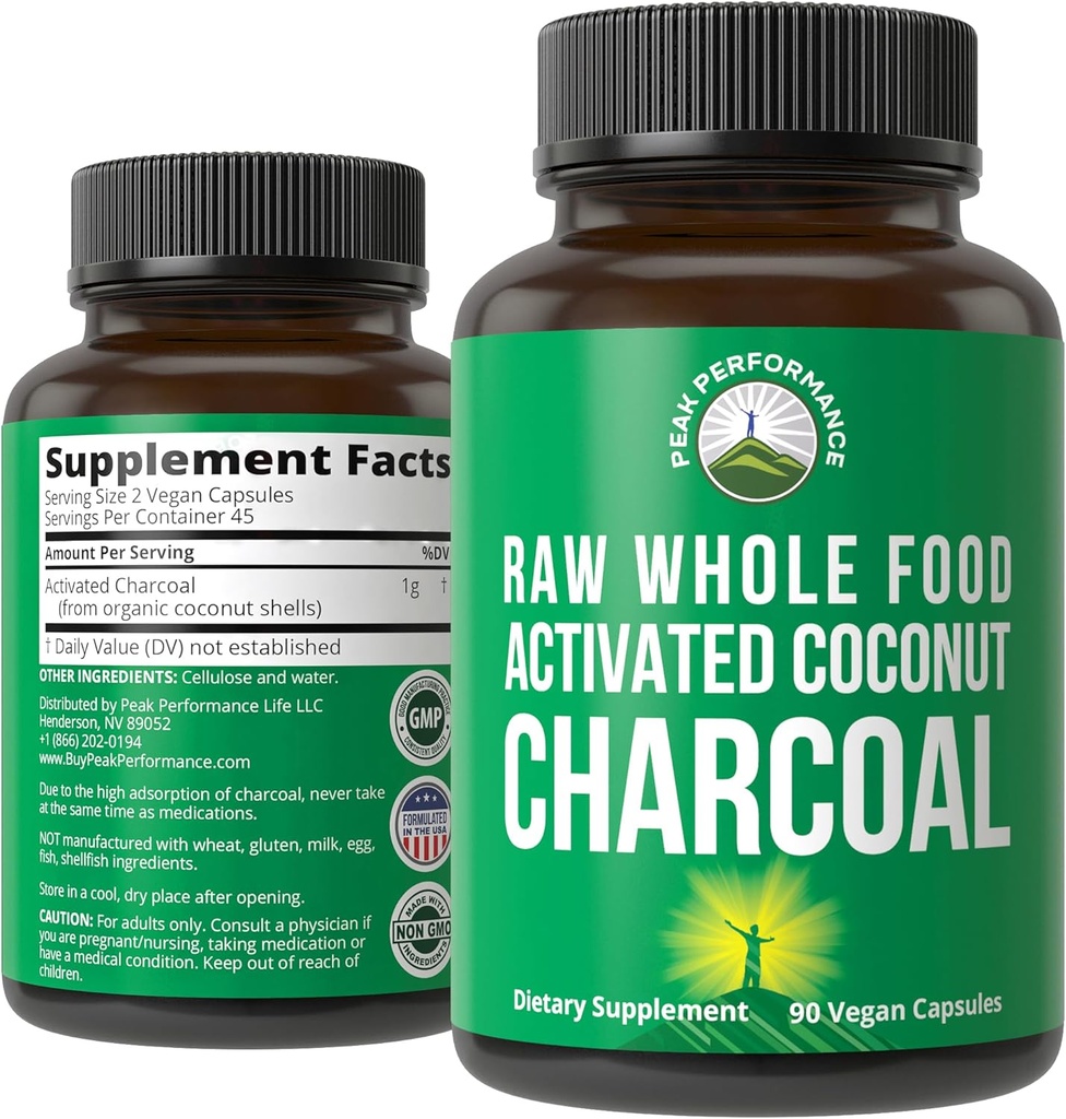 Peak Performance Activated Charcoal Vegan Capsules from Wild Harvested Coconut Shells. Best Safe Charcoal Pills Supplement for Detox, Gas Relief, Bloating. for Men and Women 90 All Natural Tablets