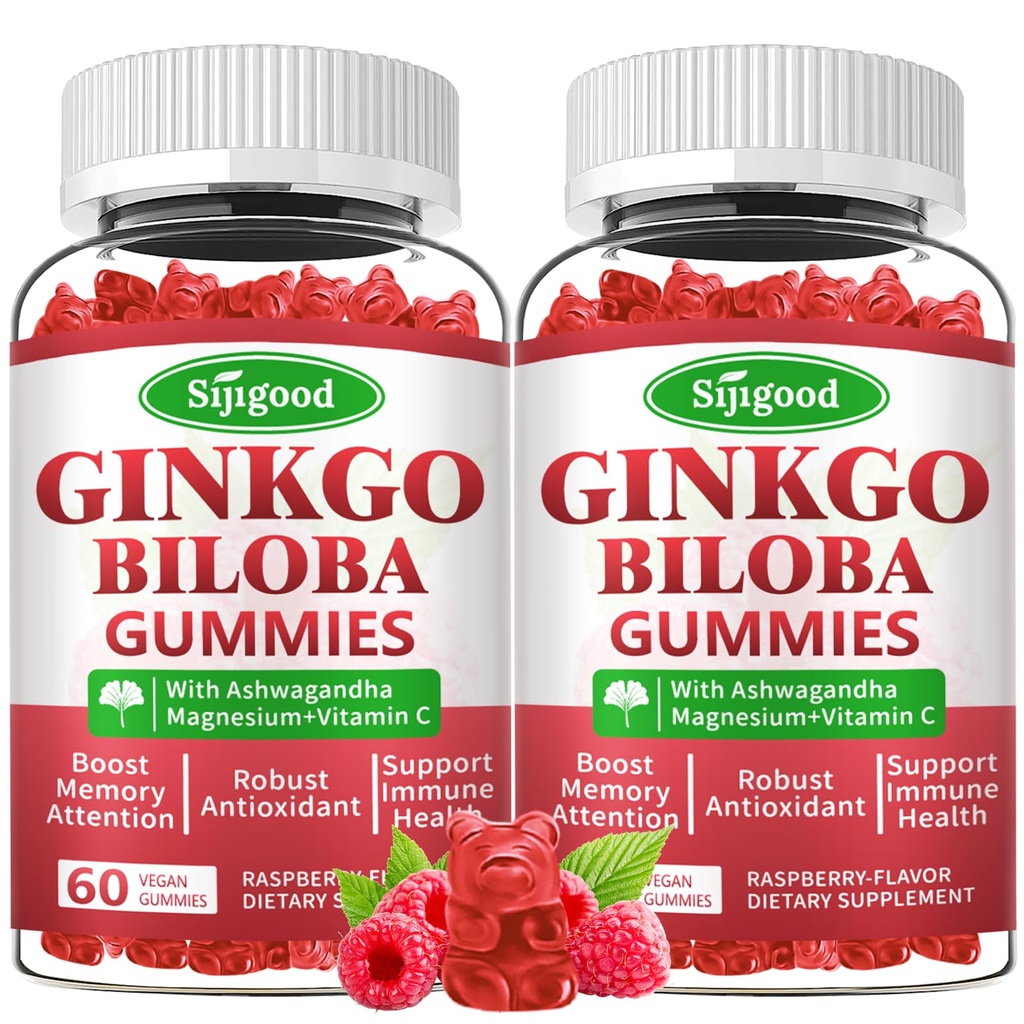 2 Pack Ginkgo Biloba Gummies with Panax Ginseng and Magnezyum, Ginkgo Biloba Supplements for Focus, Memory, and Brain Health for Yetişkinler & Kids, Vegan Raspberry Flavor Gummies, 120 Count