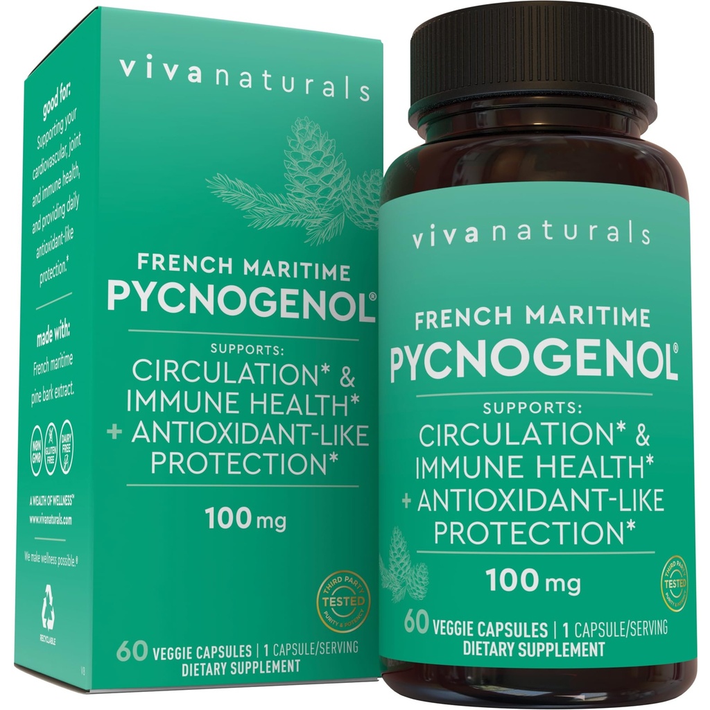 Viva Naturals Pycnogenol - 100 mg Fransız Deniz Ev Bark Ekstraksiyon - Destekler Circulation, Antioksi-Like Activity, Joints & Immune Health and Function – 60 Veggie Capsules