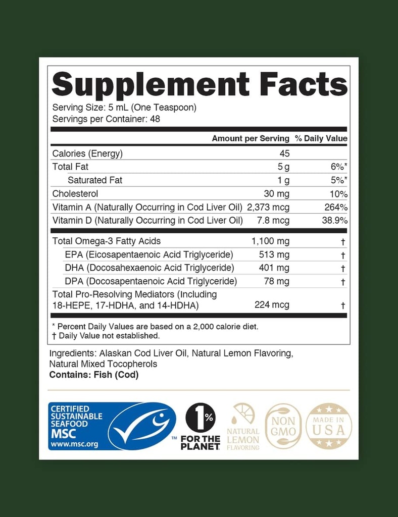 STEWARD - Wild-Caught Alaskan Liquid Cod Liver Oil 8 oz. | Omega-3's EPA, DHA, DPA ve SPMs + Doğal Vitaminler A & D