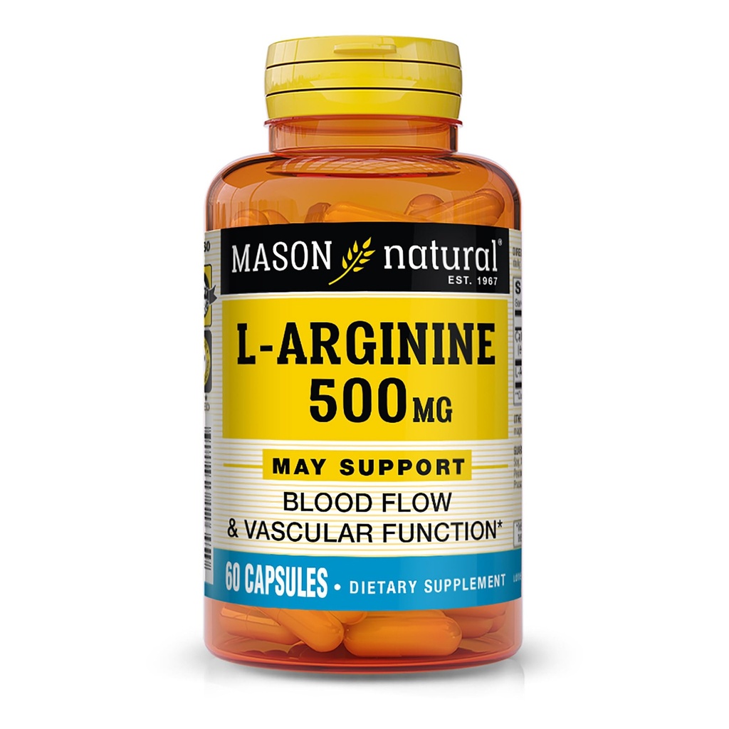 MASON NATURAL L-Arginine 500 mg, Kalsiyum Destekleriyle Sağlıklı Beslenme ve Vascular Fonksiyonlar, Nitrik Çimento Tamam, 60 Capsules