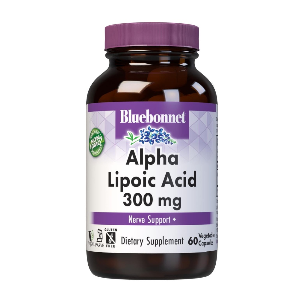 BlueBonnet Alpha Lipoic Acid 300mg - Güçlü Antioksi Nerve Support Supplement for Women & Men - Non-GMO, Vegan, Kosher - Gluten-Free, Soy-Free, Dairy-Free - 60 Sebze Capsules