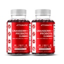 Vitamatic 2 Pack Vegan Cranberry Gummies with D-Mannose, Probiyotik & Vitamin C for Women Urinary Tract Health - 25000 mg Equivalent Per Service ( 50:1 Ekstra 500 mg) - 60 Kont