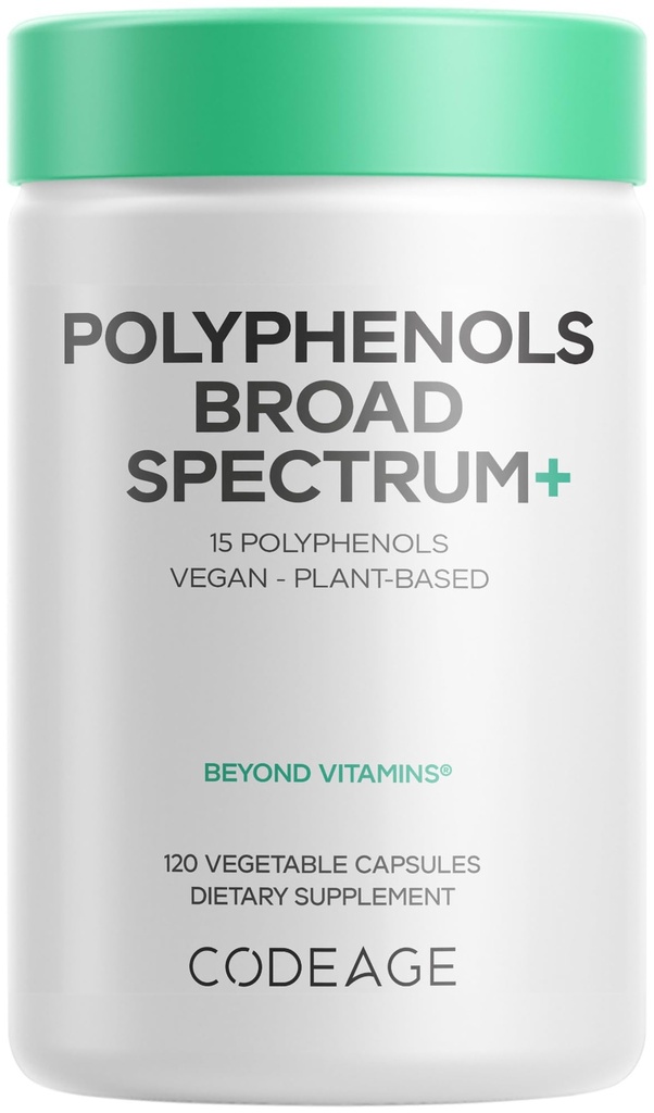 Kodaj Polyols Broad Spectrum Supplement - 15:48, Meyveler ve Botanik Türleri, Decaf Green Tea Leaf, Quercetin, Resveratrol, Pomegranate, Turmeric - Non-GMO - 120 Capsules