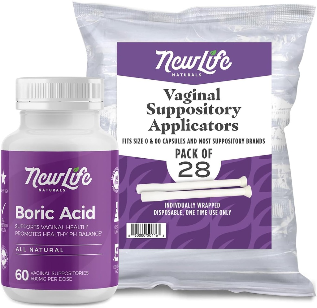 YeniLife Naturals Boric Acid Vaginal Suppories 600 mg (60 Pack) 28 Applicers - pH Dengesi, Feminine Health ve Intimate Wellness için - ABD'de Made in USA