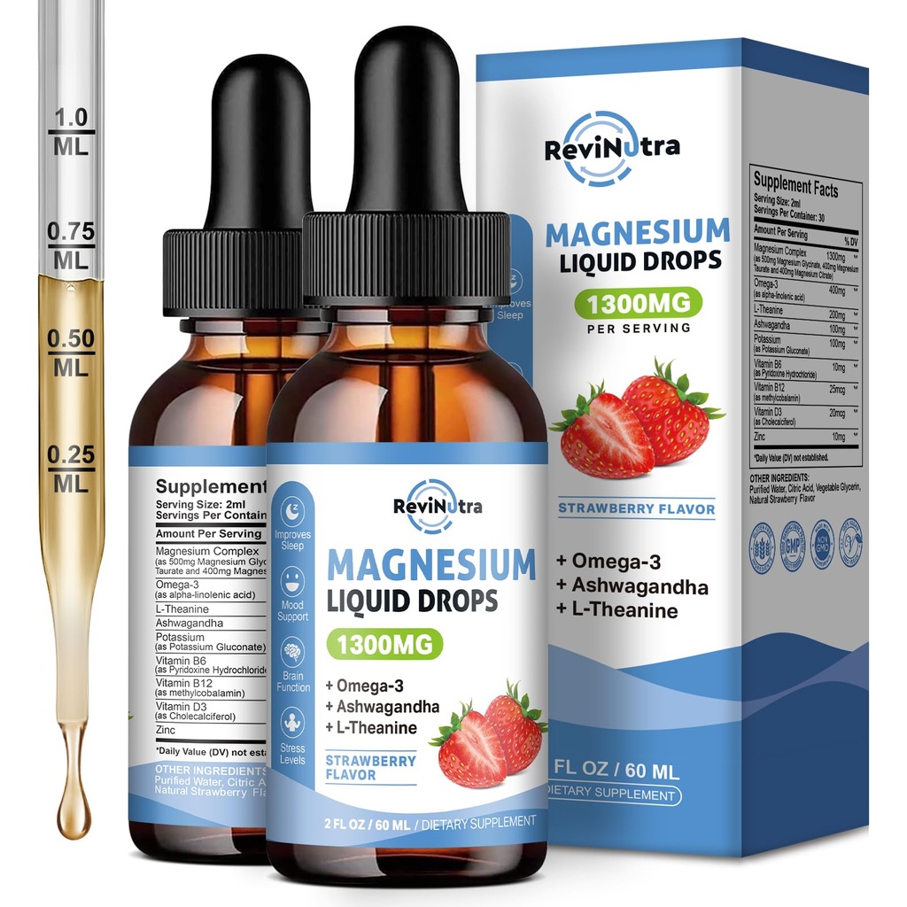 2 Pack Liquid Magnezyum Glycinate Drops with Taurate & Citrate, Calm Magnezyum with Omega3, L-Theanine, Pyum, Ashwagandha, Sleep, Muscle, Immune Health, Sugar-Free Strawberry Flavor