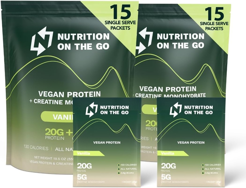 Go Vegan Protein Toz Paketleri ile Kretine – 20g Plant Proteinleri + 5g Kretin – Single-Serve Travel Protein Tozu – All- Natural, Gluten-Free – Vanilla – (30-Pack)