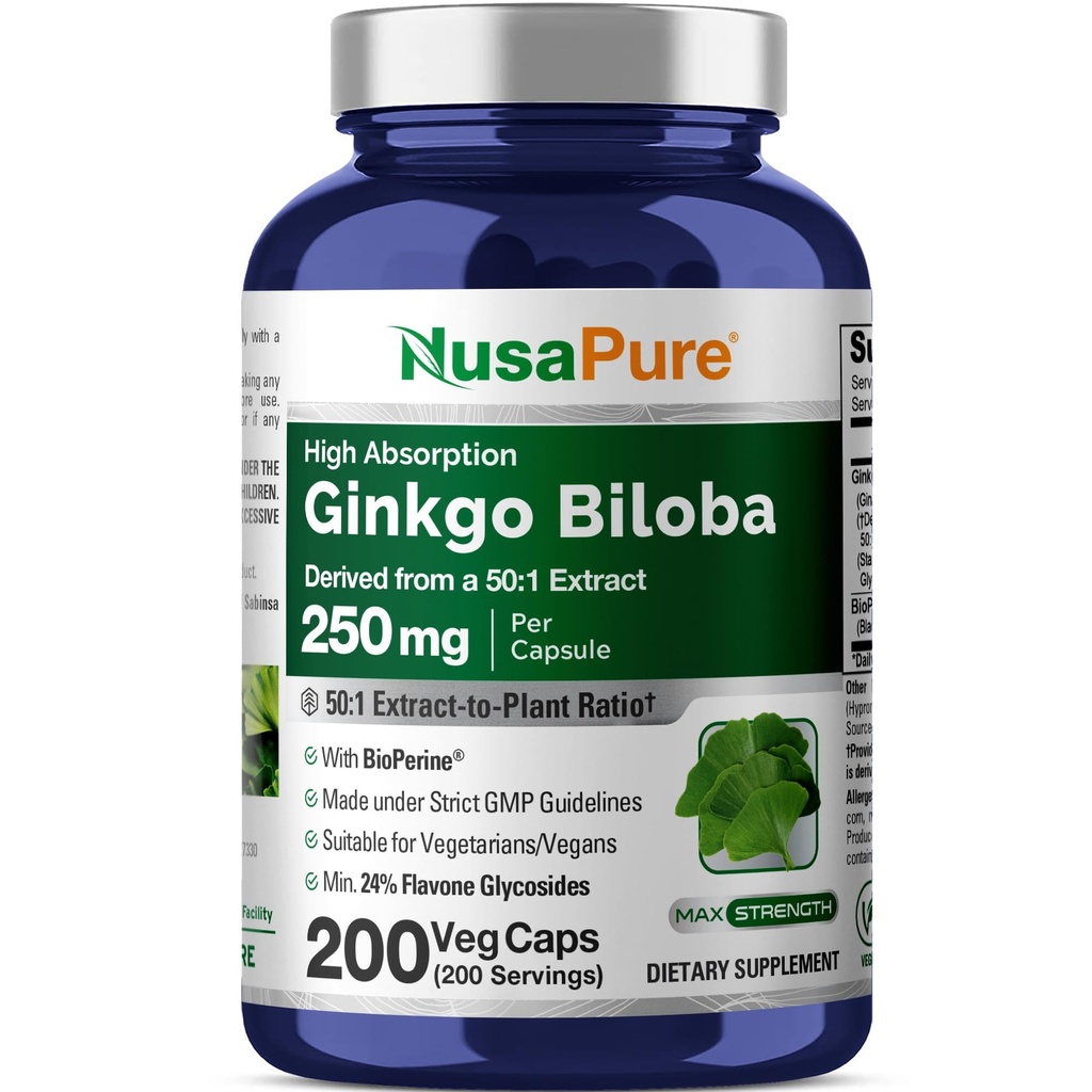 NusaPure Ginkgo Biloba 50:1 Ekstraksiyon, 250 mg Veggie Caps 200 Capsules (Vegetarian, Non-GMO, Vegan) Bioperine