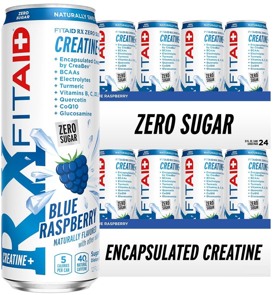 FITAID RX Zero Sugar, Encapsatedt Tina, Workout Recovery Drink, All-In-One Mix, BCAAs, Glucosamine, Turmeric, B-Complex, Electrolytes, Blue Raspberry, 12 Fl Oz (24 paketi)